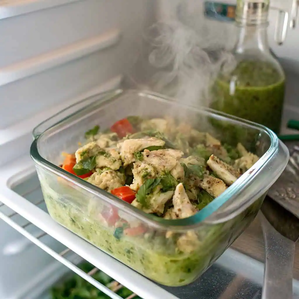 : leftover keto salsa verde chicken in fridge