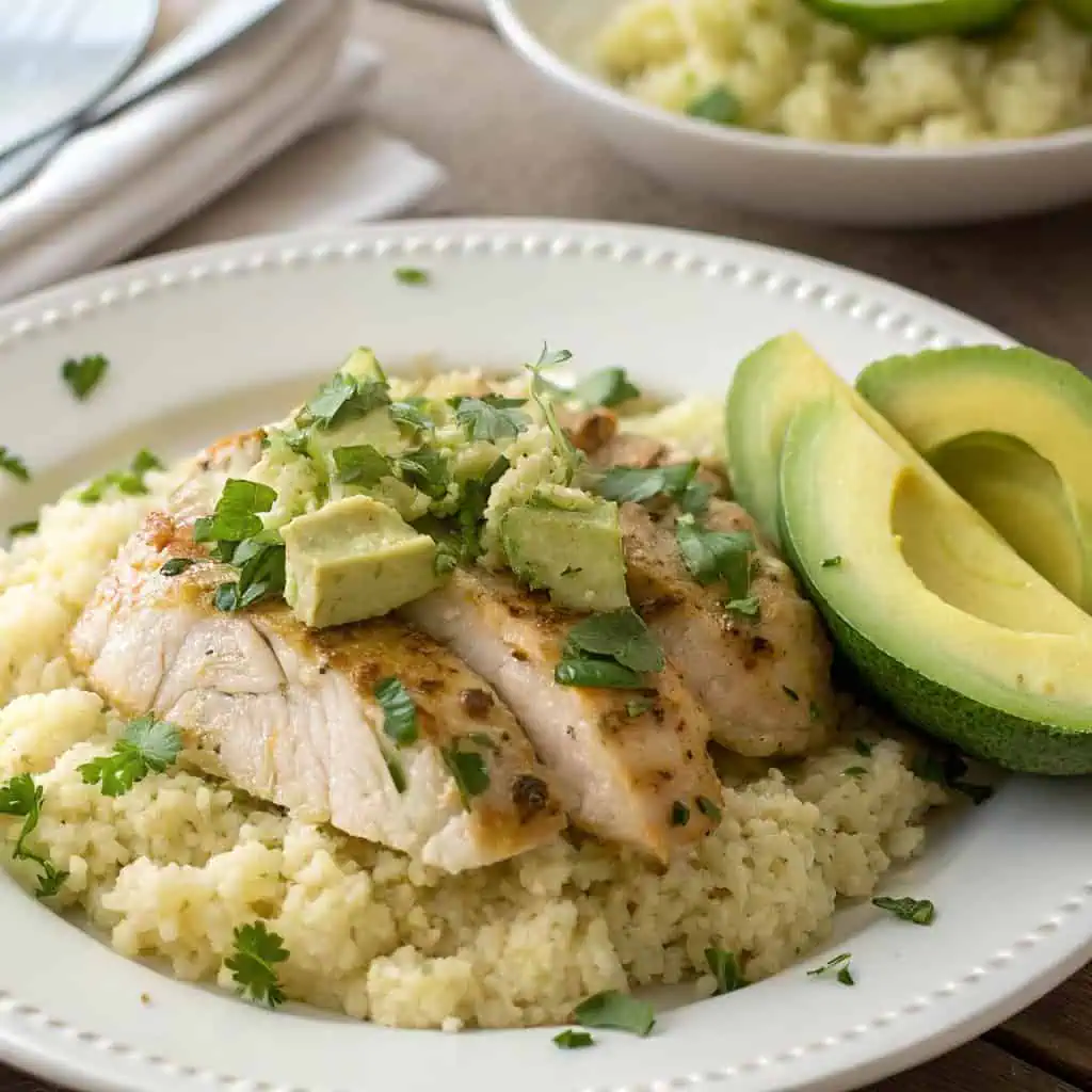plated keto salsa verde chicken with cauliflower rice