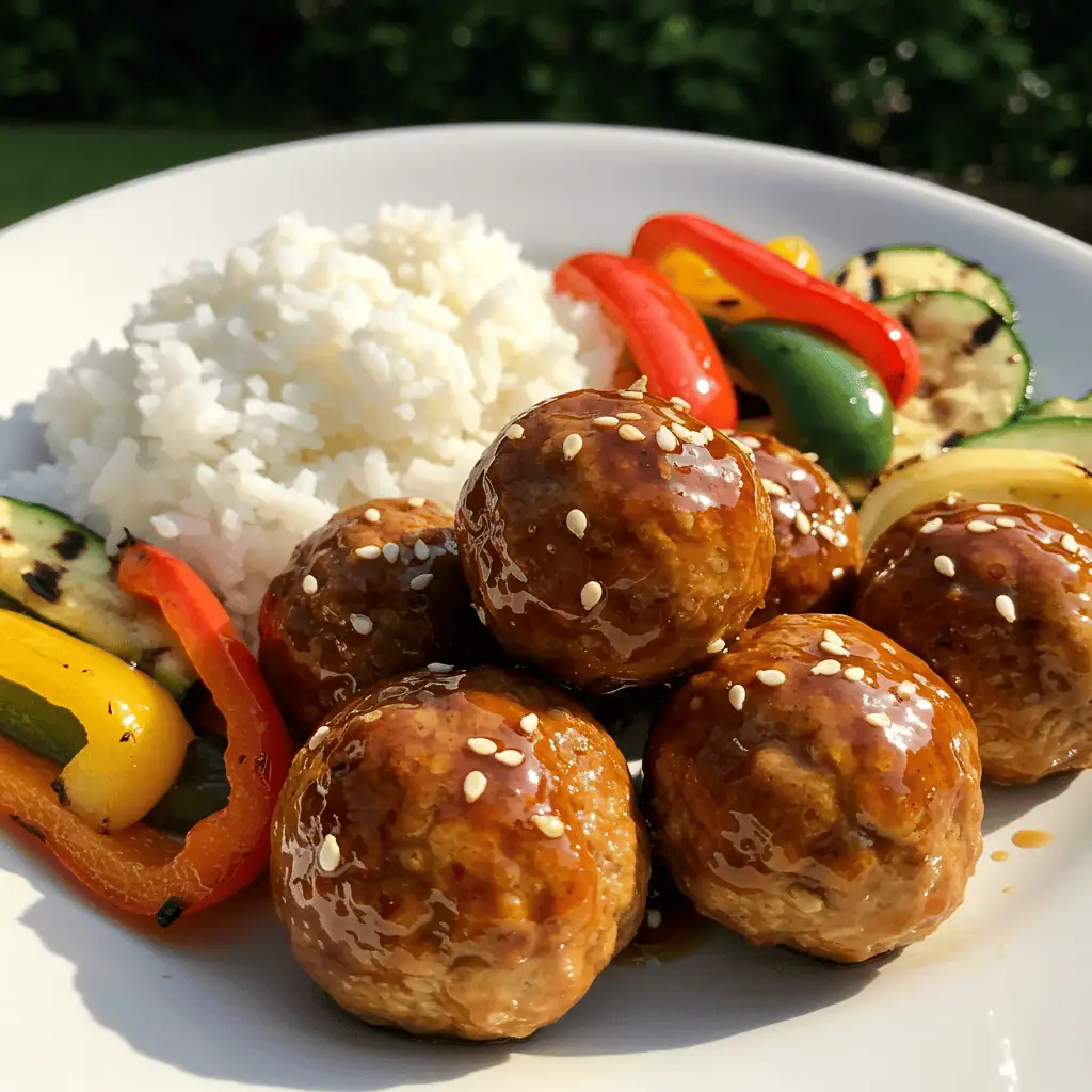 Pineapple teriyaki chicken meatballs served with rice