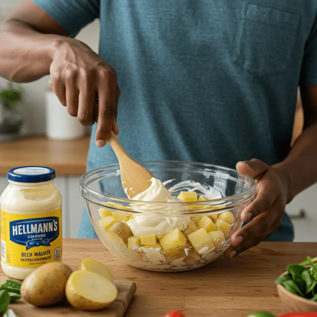 mixing hellmann’s potato salad with mayo and potatoes