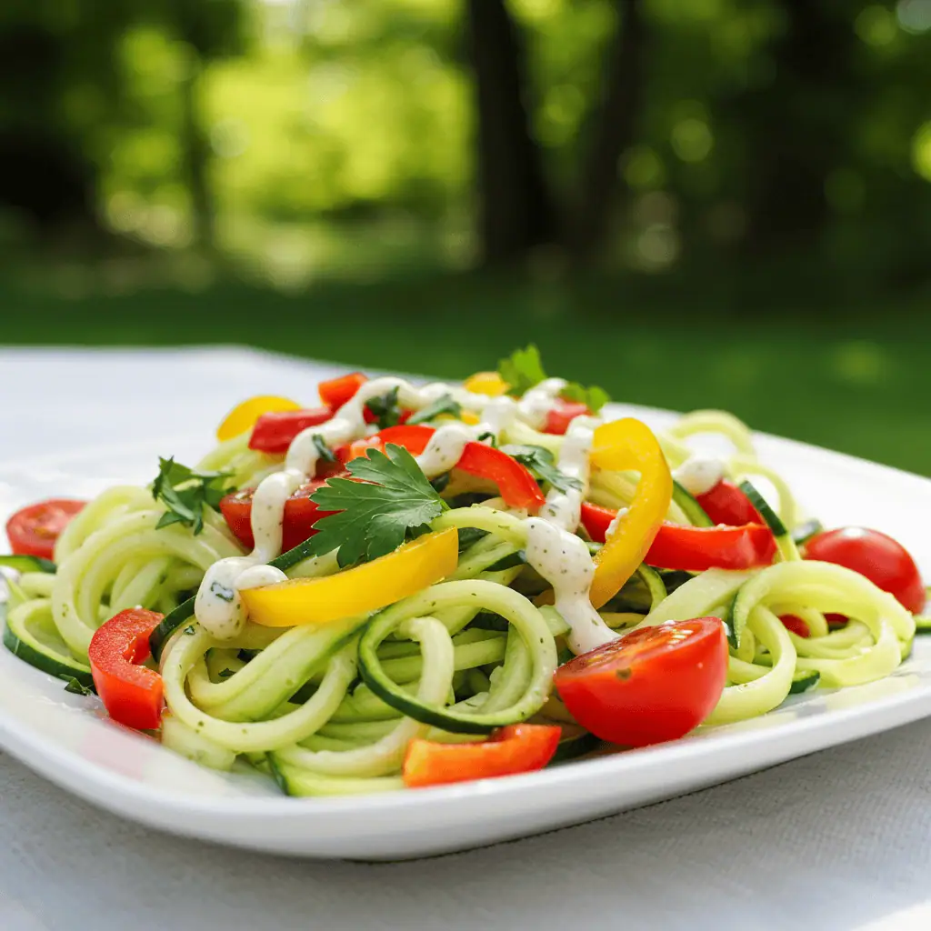 healthy cucumber pasta salad served outdoors