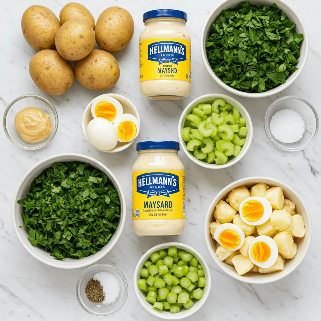 ingredients for hellmann’s potato salad recipe on marble surface