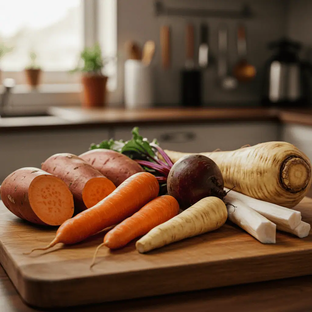 Raw root vegetables prepped for cooking