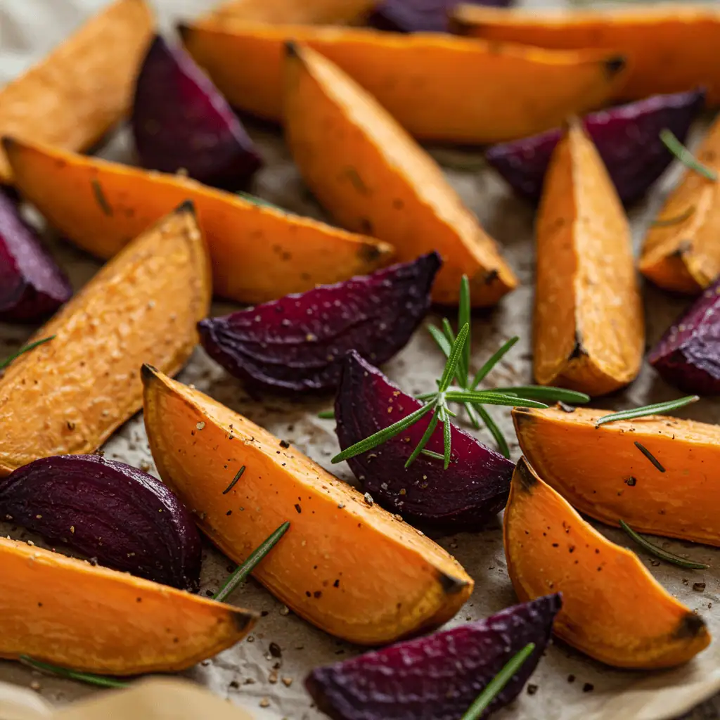 Healthy roasted sweet potatoes and beets