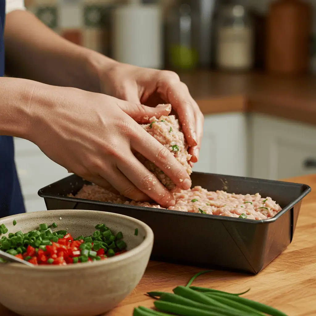 shaping the easy chicken meatloaf mixture into pan