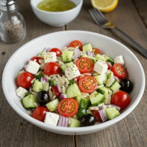 summer fresh Greek orzo salad in white bowl