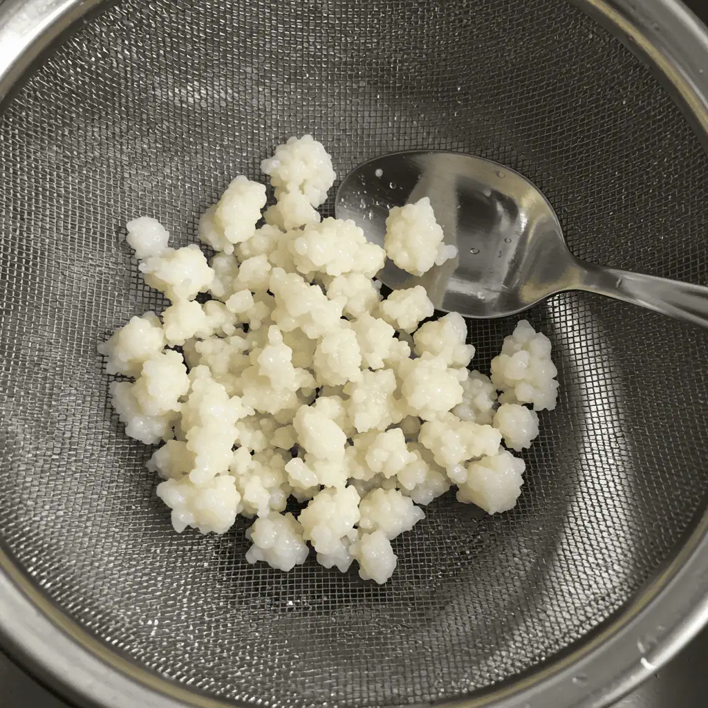 tiny kefir grains in strainer