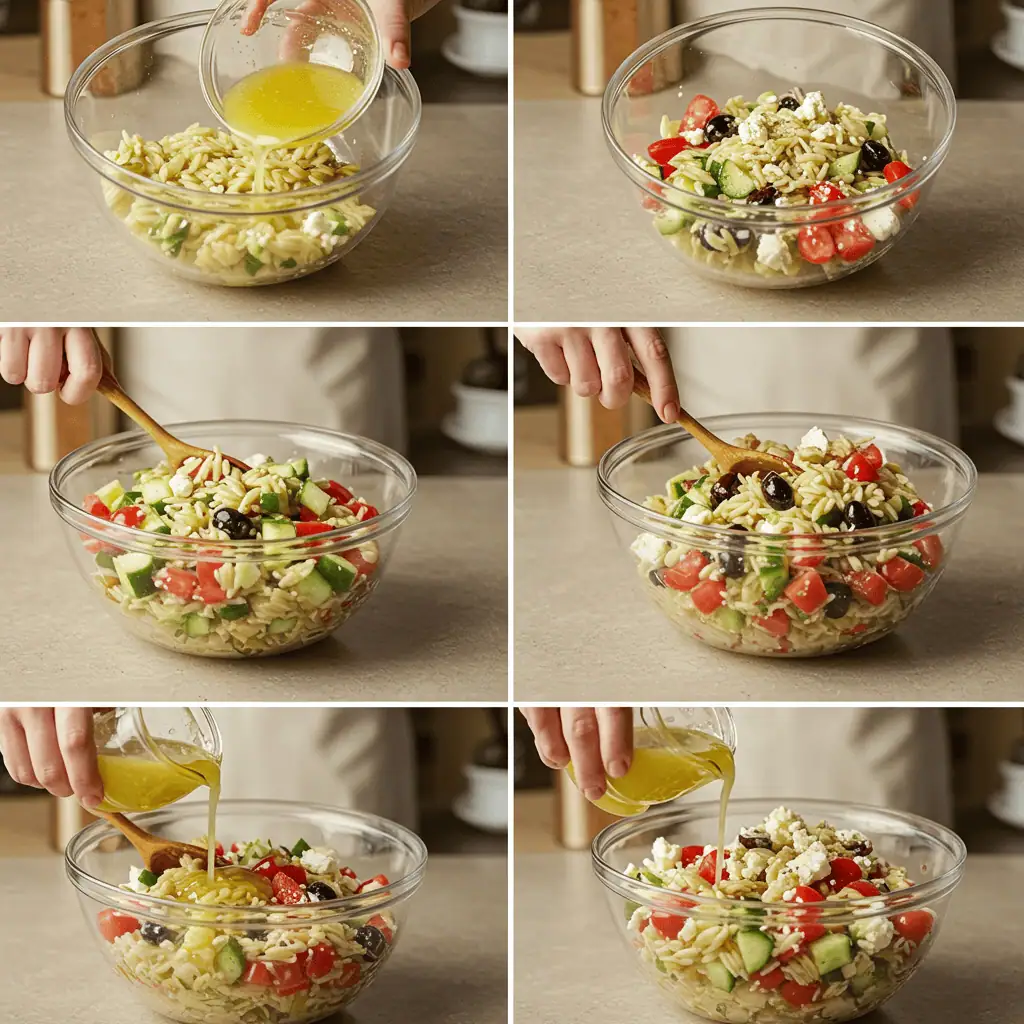lemon vinaigrette being poured over Greek orzo salad