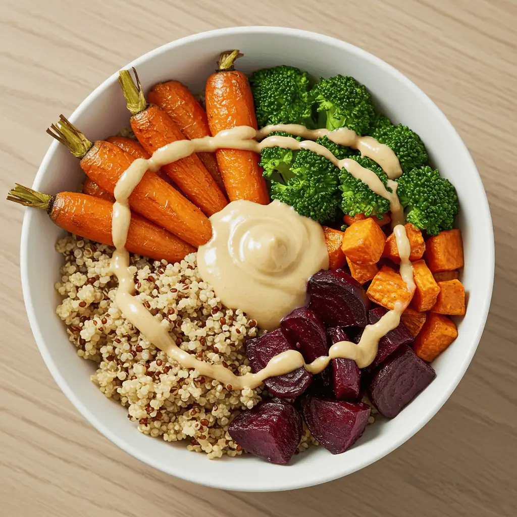 Vegan root vegetable bowl with quinoa and tahini