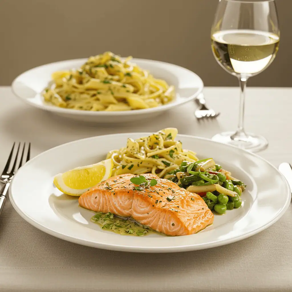 plated creamy tuscan salmon with pasta and wine