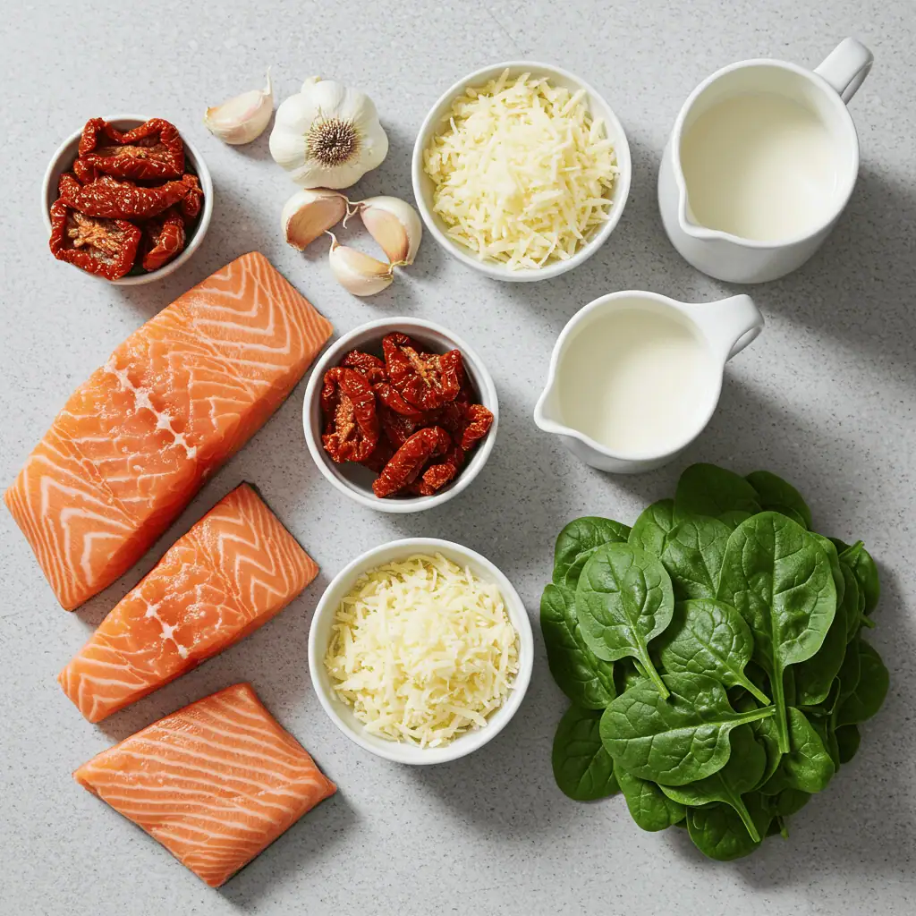 tuscan salmon recipe ingredients flat lay