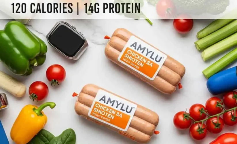 Amylu halal certified chicken products with green certification symbols and Islamic food compliance badges