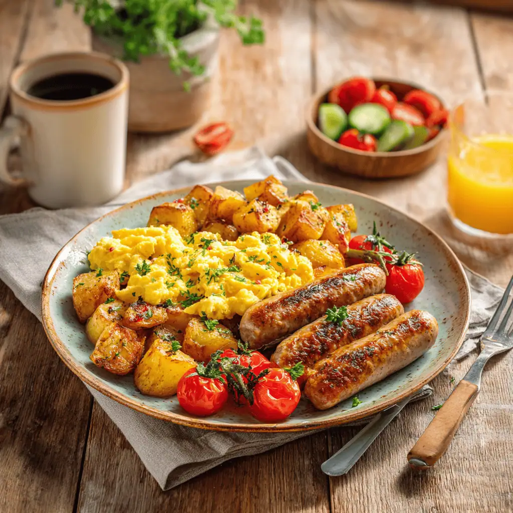 Delicious breakfast plate with Amylu halal chicken sausages, scrambled eggs, roasted potatoes and fresh vegetables