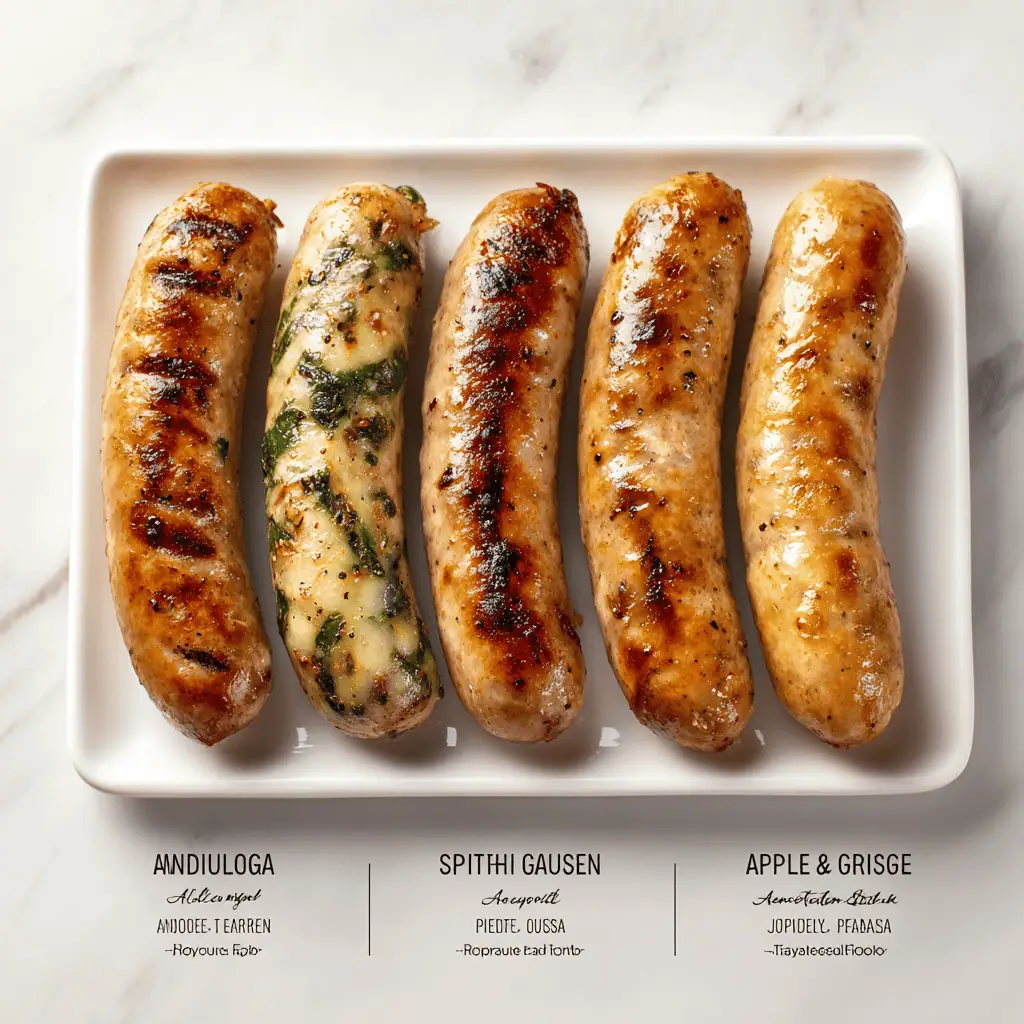 Comparison of four Amylu halal chicken sausage varieties: Andouille, Italian, Spinach Feta, and Apple Gouda showing distinct appearances