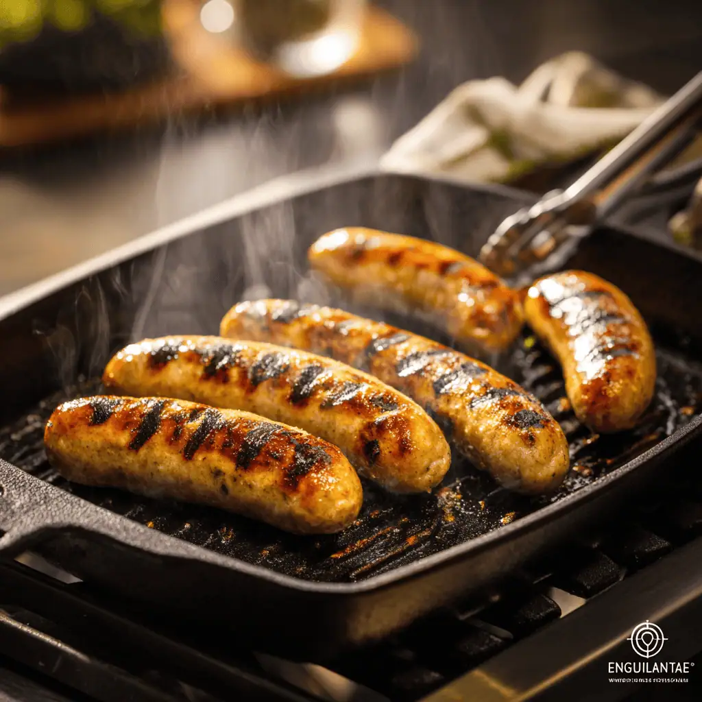 Amylu halal chicken sausages cooking on cast iron grill pan showing perfect grill marks and golden-brown color
