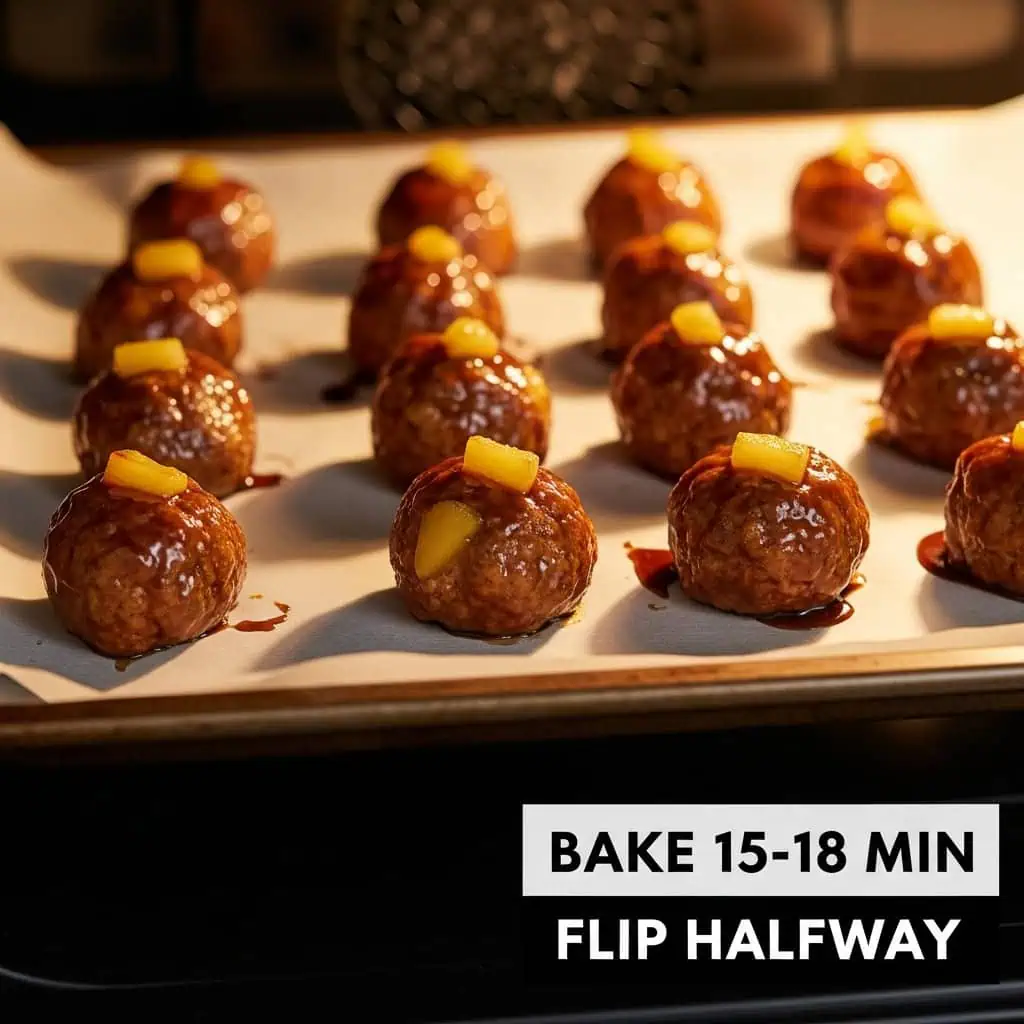 Amylu Teriyaki Pineapple meatballs baking in oven showing golden teriyaki glaze and pineapple chunks with cooking instructions