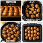 Four cooking methods for Amylu Teriyaki Pineapple chicken meatballs showing oven, air fryer, stovetop and microwave with temperatures