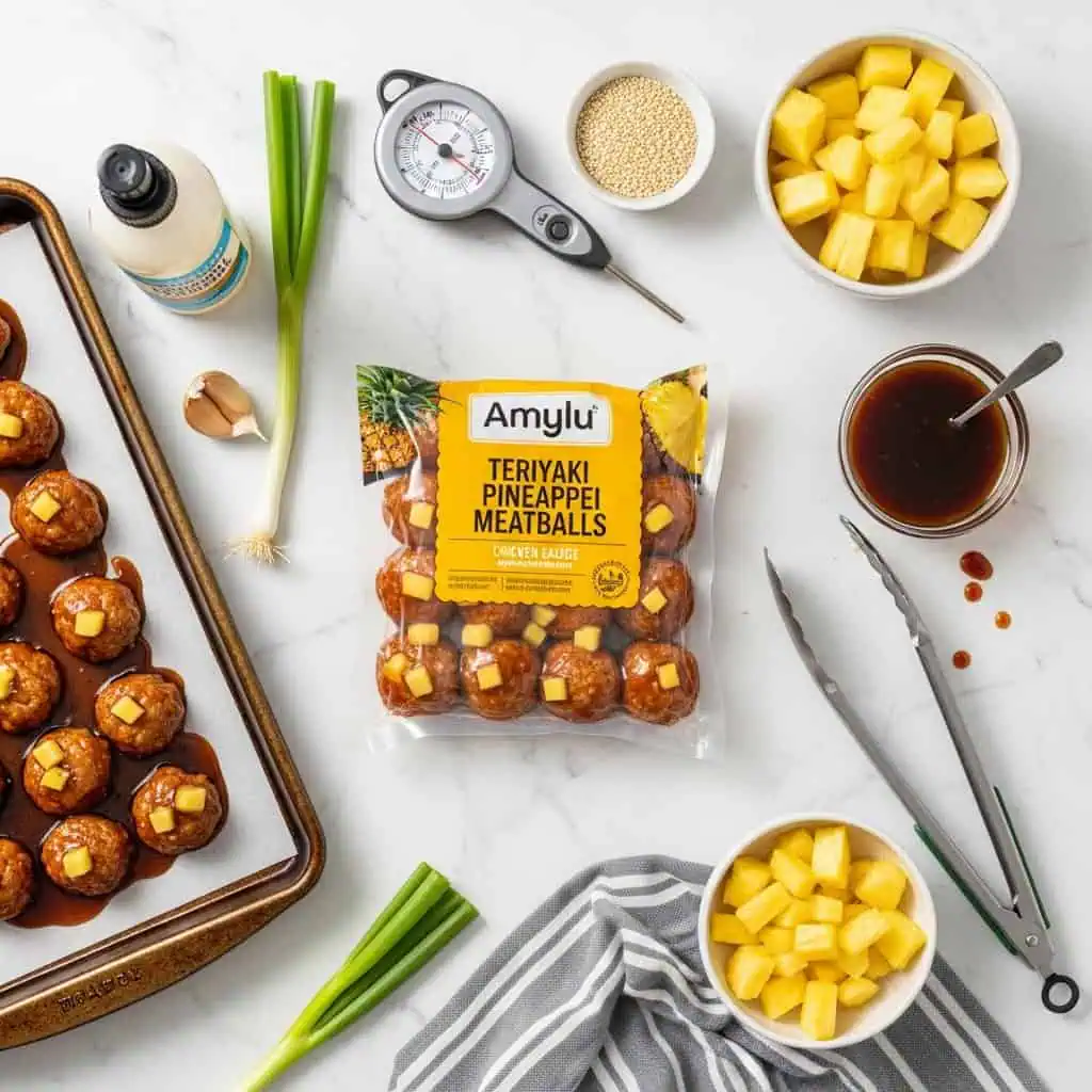 Ingredients for cooking Amylu Teriyaki Pineapple meatballs including meatballs, baking sheet, oil spray and cooking tools