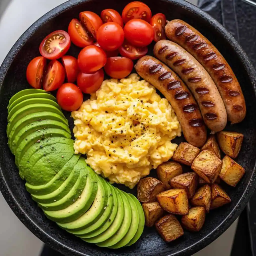 Healthy breakfast category featuring chicken sausages, eggs, avocado and fresh vegetables