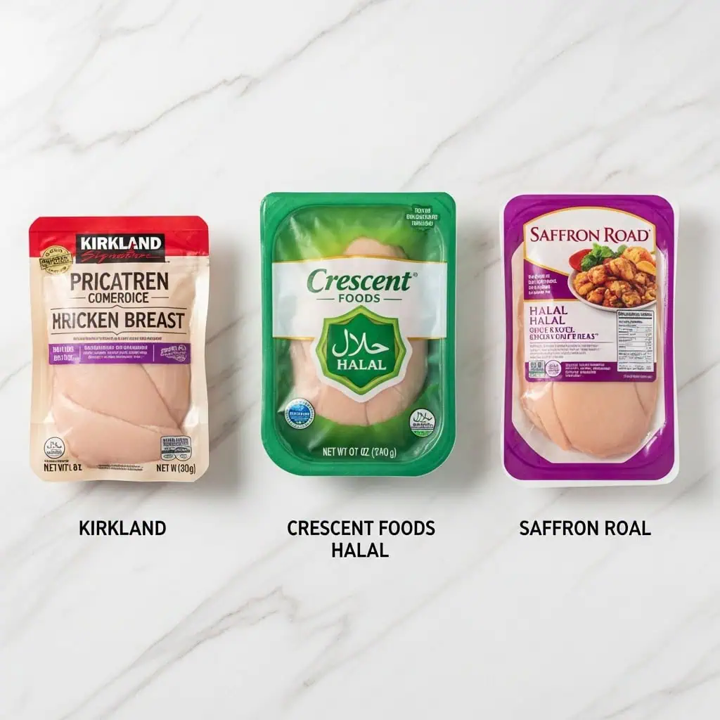 Comparison of halal chicken breast brands available at Costco including Kirkland Signature, Crescent Foods and alternatives