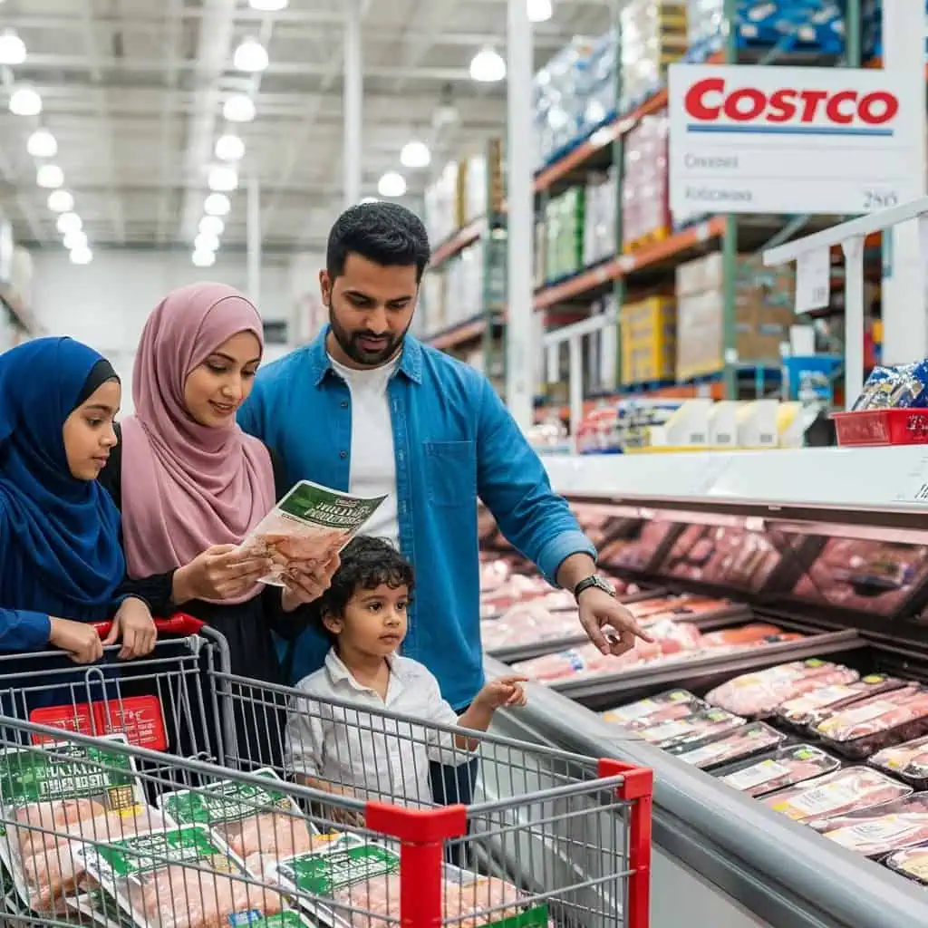Muslim family shopping for halal chicken products in Costco warehouse meat department checking certification labels