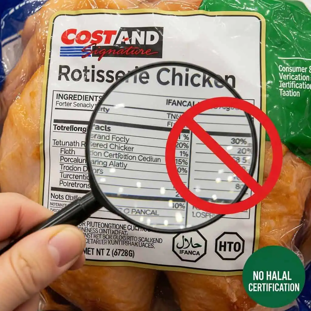 Costco rotisserie chicken packaging showing no IFANCA or halal certification symbols on label