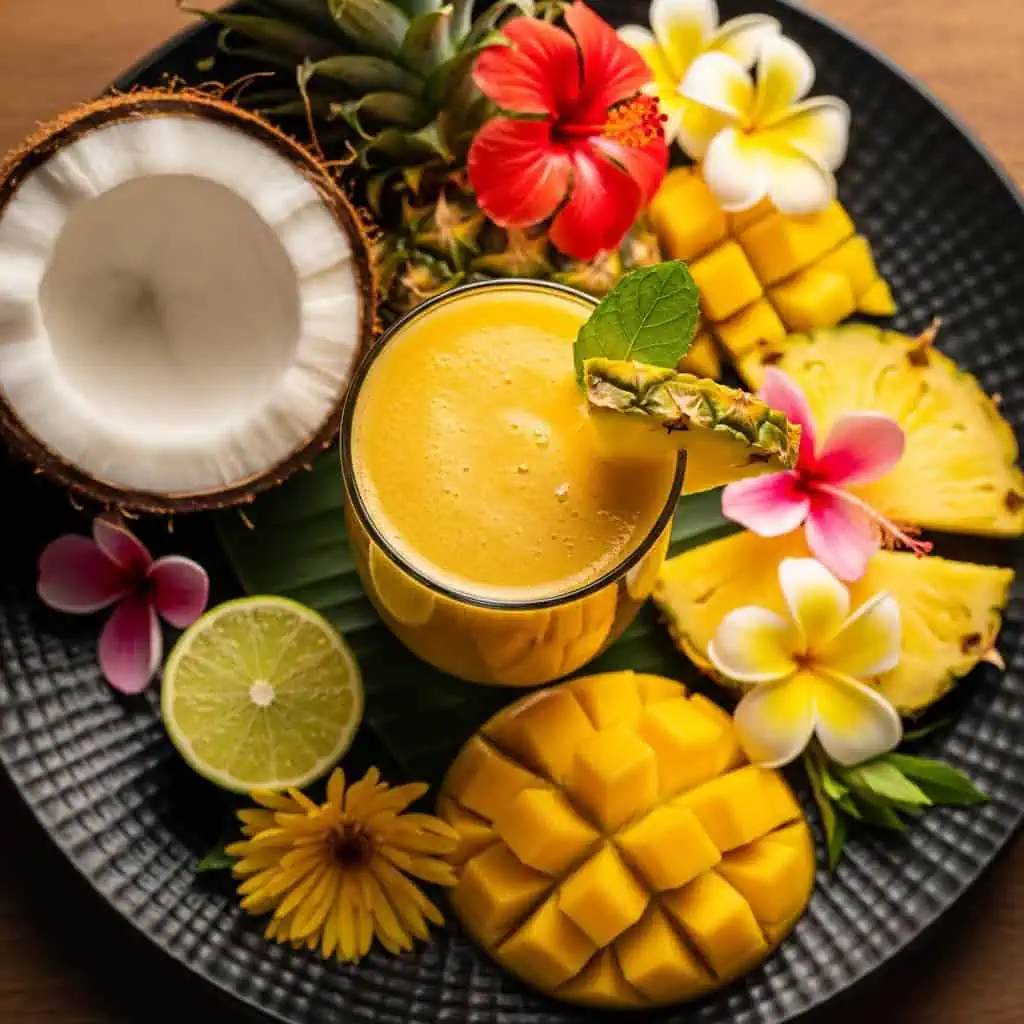 Refreshing dessert category featuring colorful fruit juice smoothie with fresh berries and garnishes