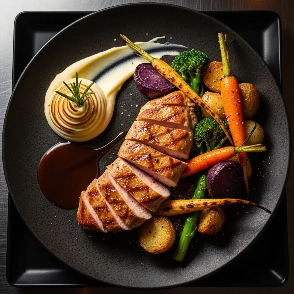 Elegant dinner category featuring grilled meat with roasted vegetables and mashed potatoes