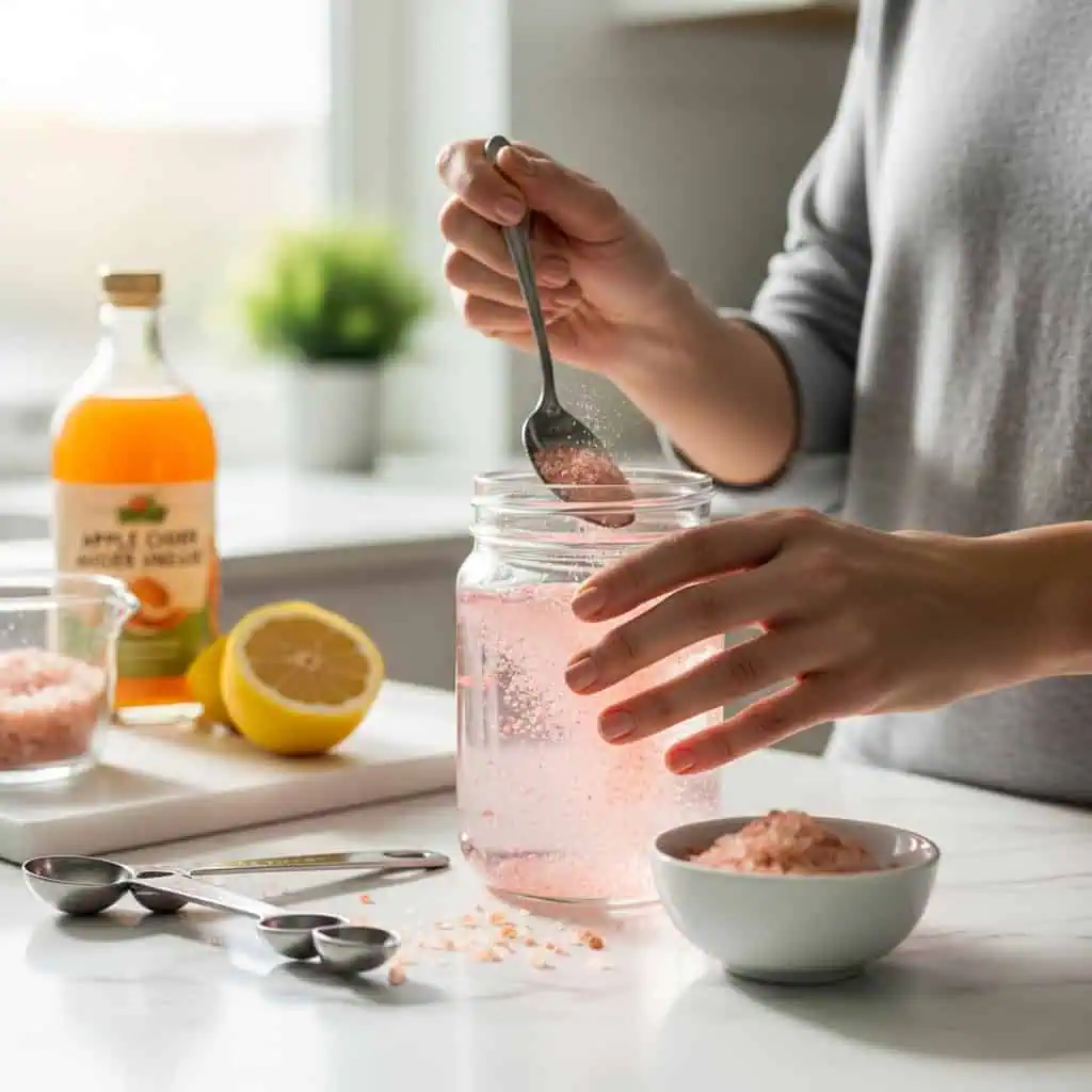 Hands dissolving pink Himalayan salt in water for homemade Mounjaro recipe preparation