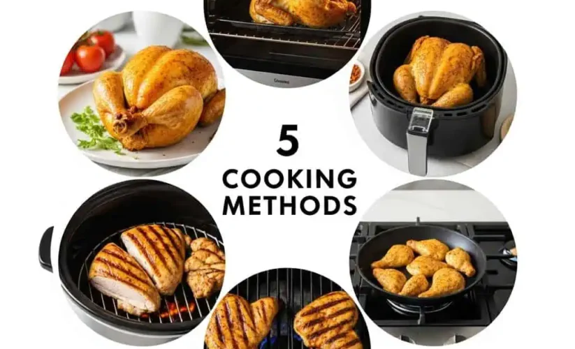 Five halal chicken cooking methods infographic showing oven, air fryer, stovetop, grill and slow cooker