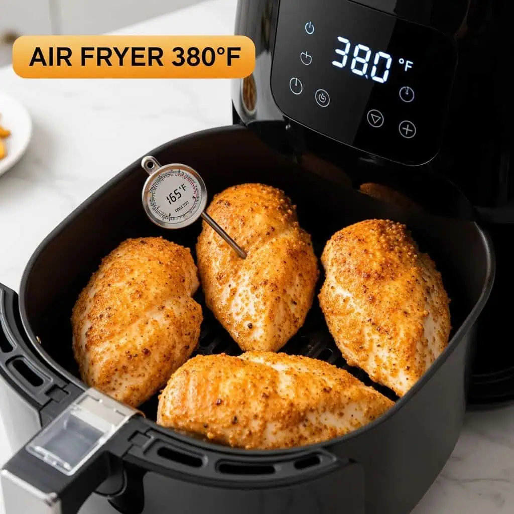 Air fryer halal chicken method showing crispy golden chicken breasts at 380°F