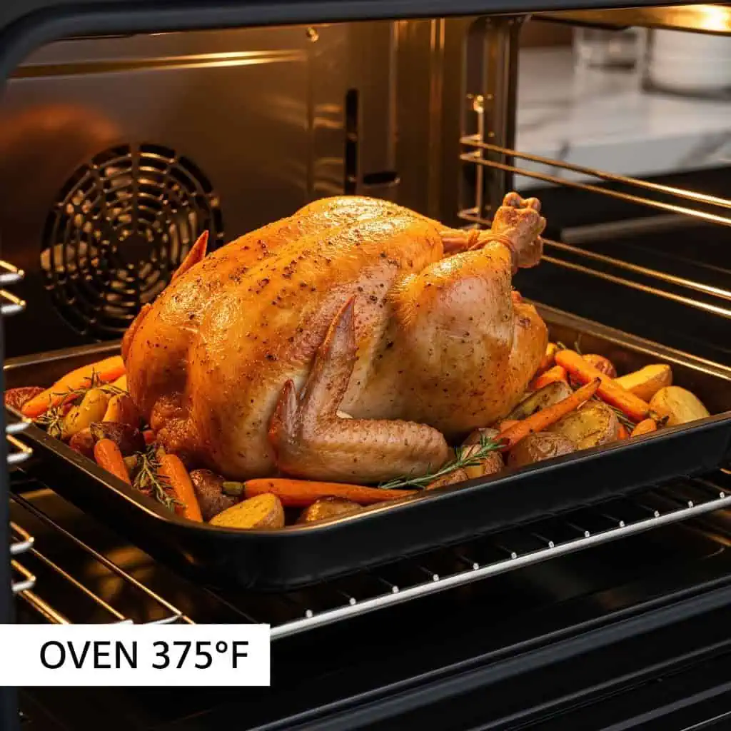 Halal chicken oven roasting method showing golden brown whole chicken at 375°F