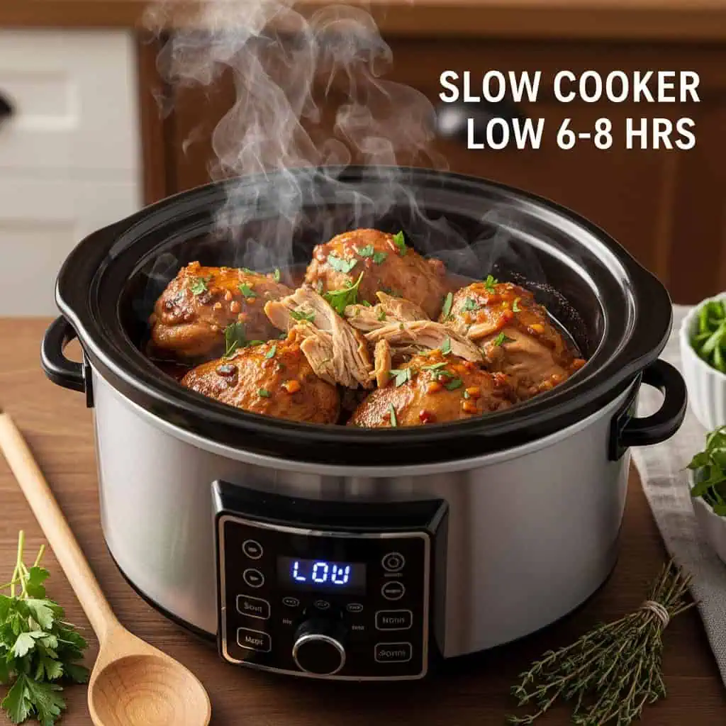 Slow cooker halal chicken method showing tender chicken on LOW for 6-8 hours