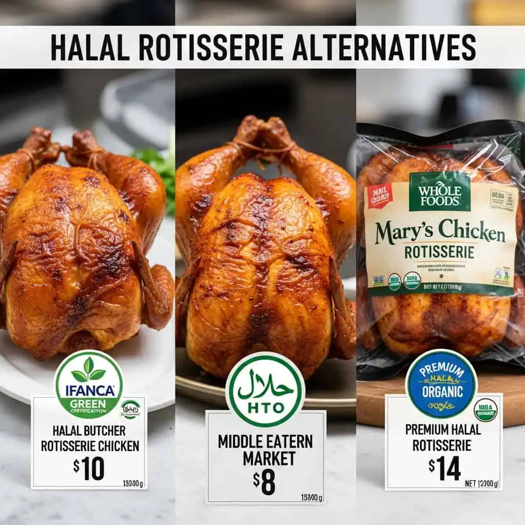 Three halal rotisserie chicken alternatives from halal butcher, Middle Eastern market, and Whole Foods with prices