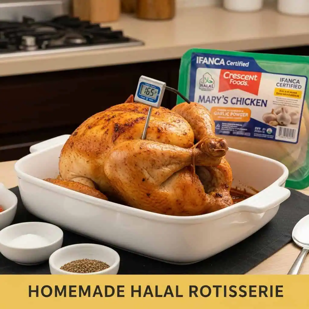 Homemade halal rotisserie chicken golden brown from oven using IFANCA certified halal chicken