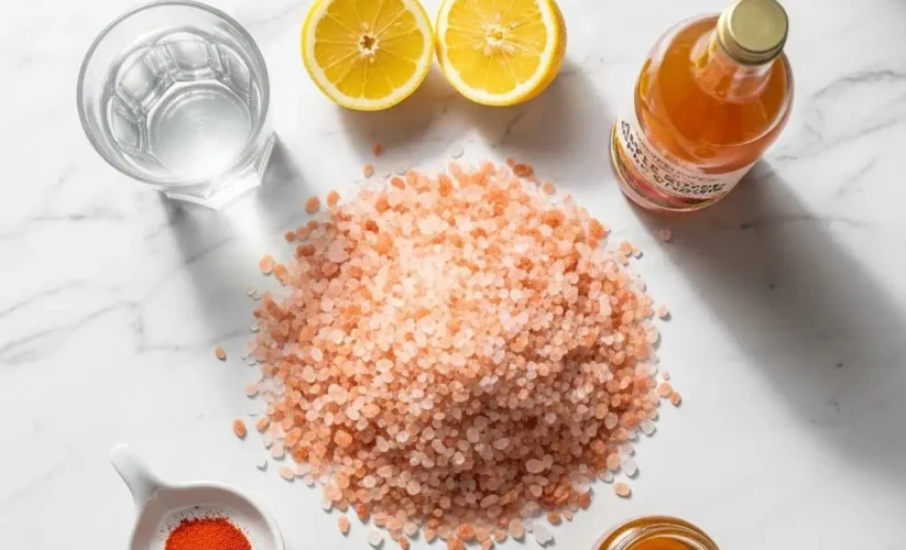 Homemade Mounjaro recipe pink salt ingredients showing pink Himalayan salt with lemon and other components