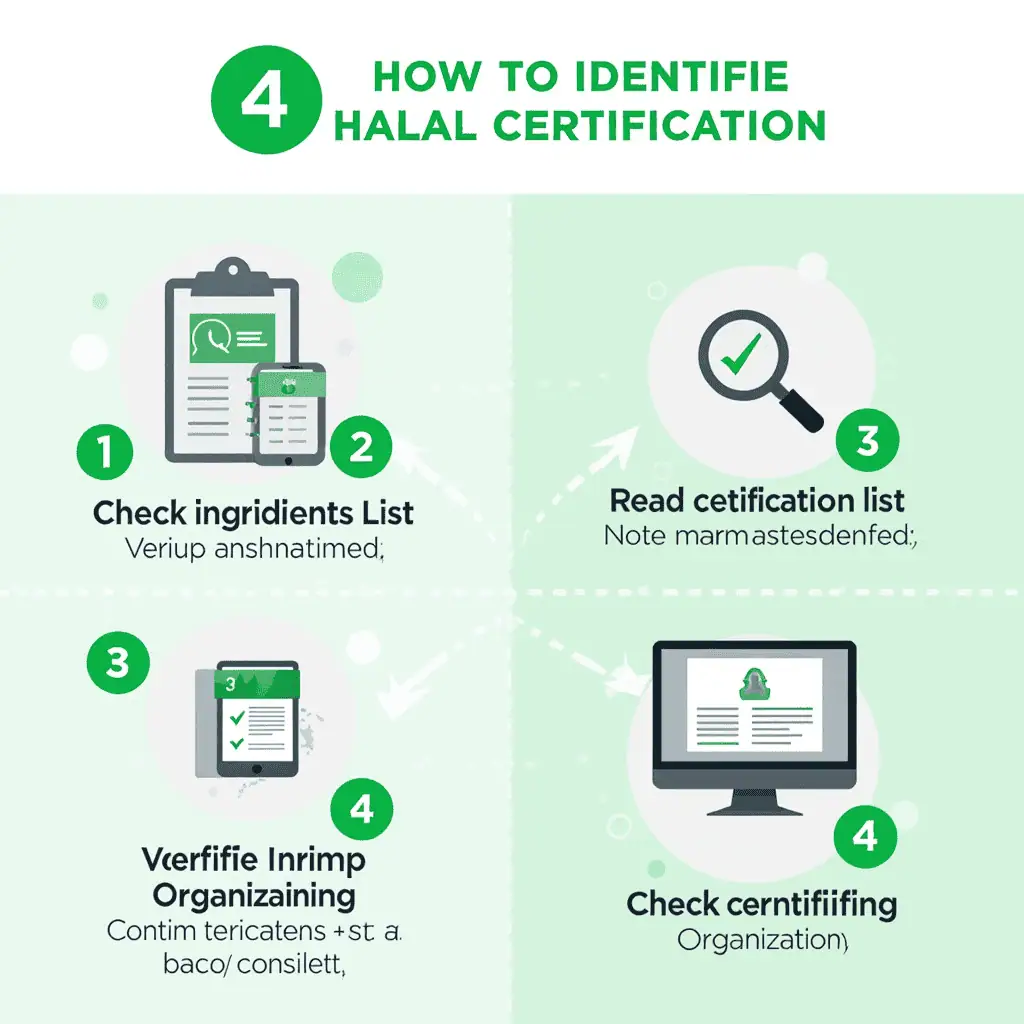 Infographic showing 4 steps to identify halal certification on food products: look for symbol, read ingredients, check certification body, verify online