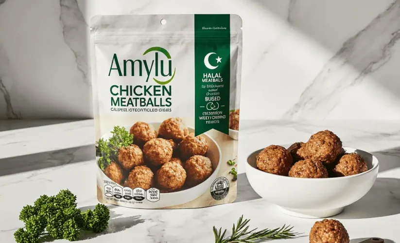 Amylu halal certified chicken meatballs package showing official halal certification symbol with cooked meatballs on marble countertop