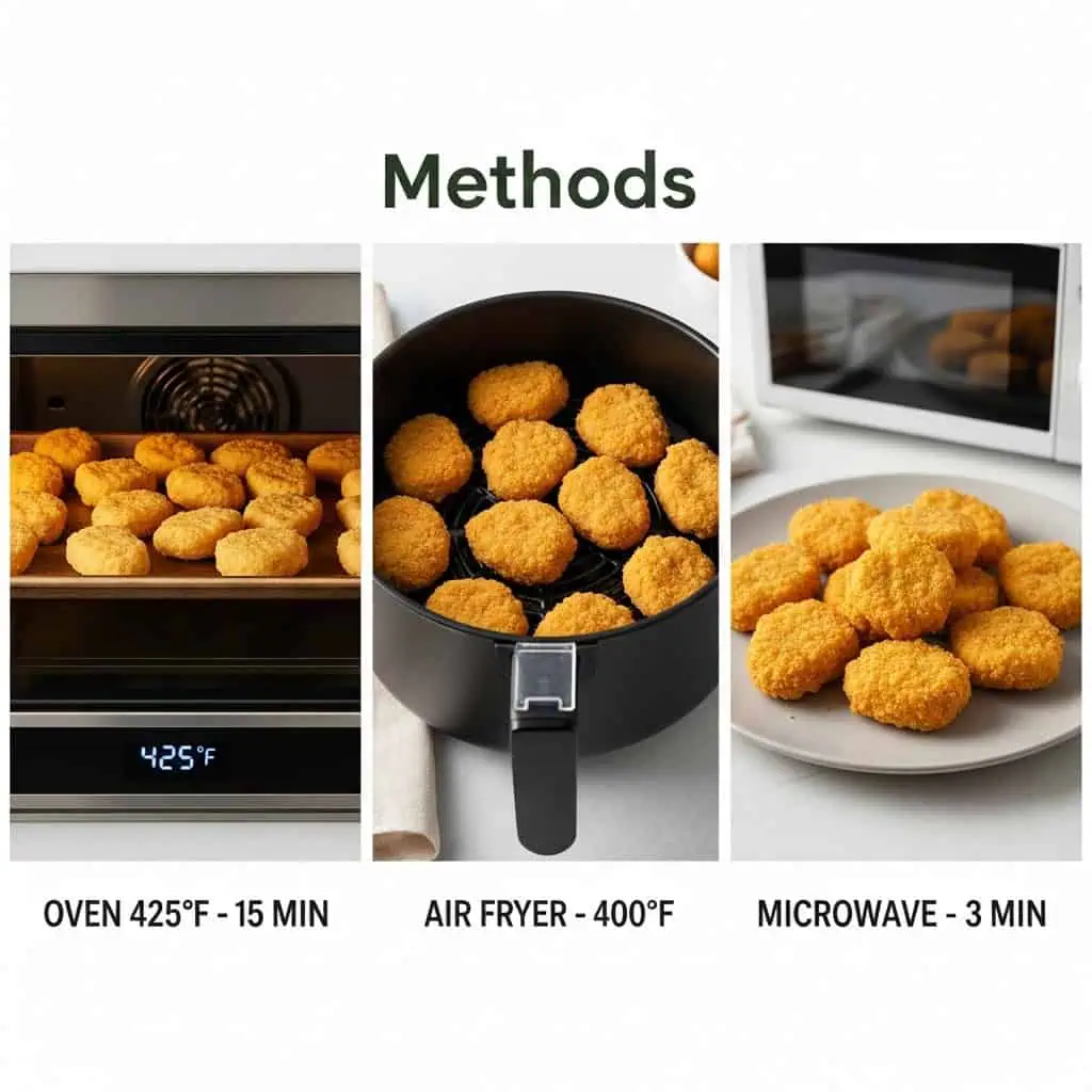 Three cooking methods for Jetro halal chicken nuggets showing oven, air fryer and microwave with temperatures and times