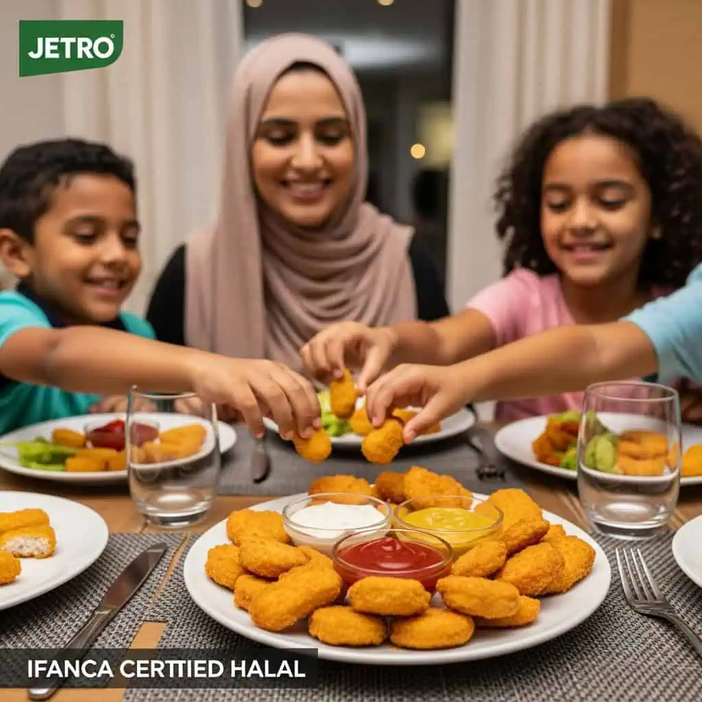 Muslim family enjoying Jetro halal chicken nuggets at dinner with kids eating IFANCA certified halal meal
