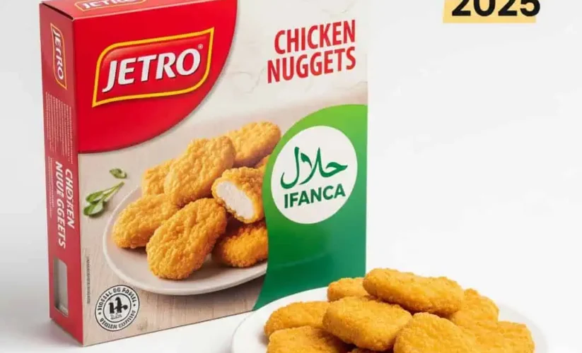 Jetro halal chicken nuggets package with IFANCA certification showing golden crispy nuggets on plate
