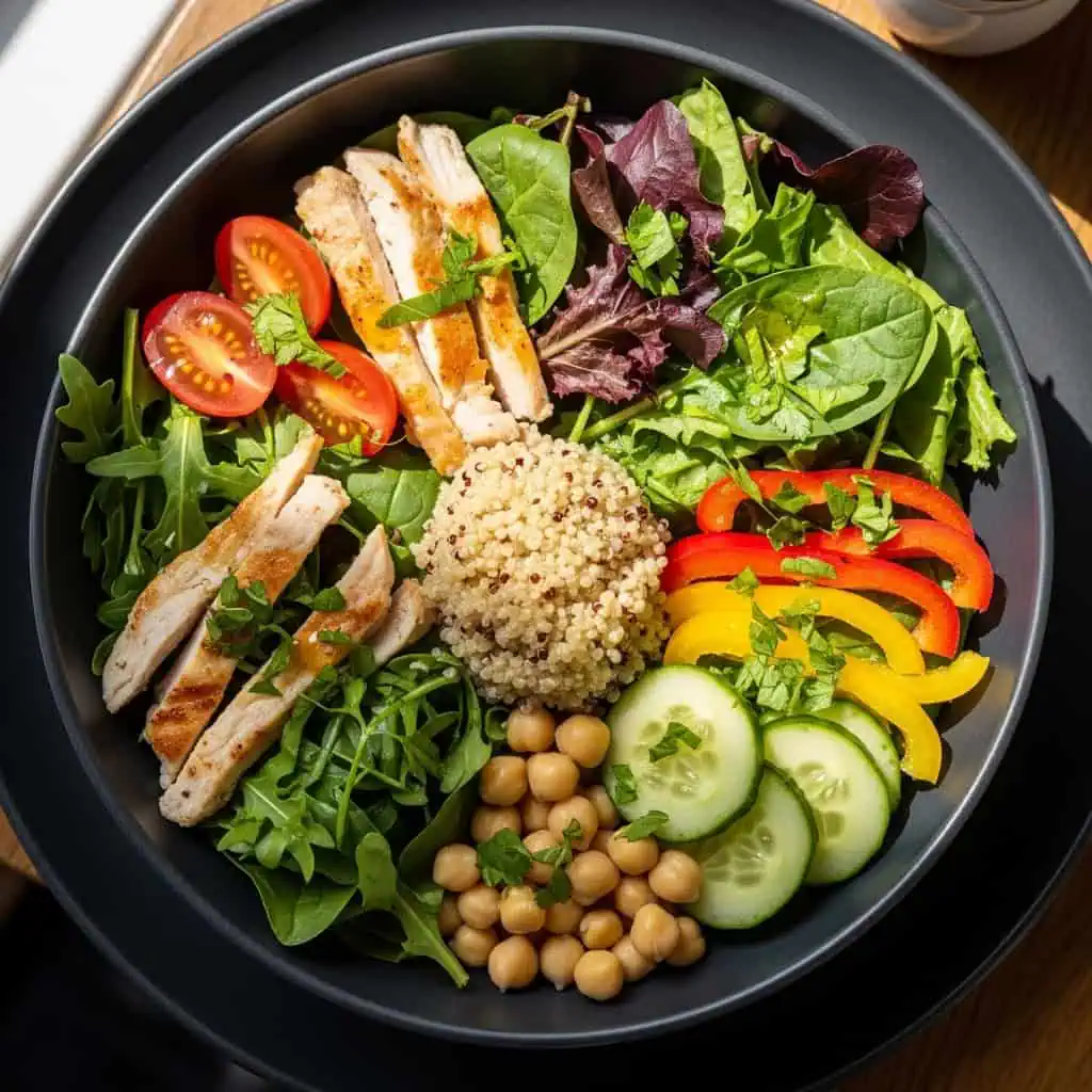 Healthy lunch category featuring grilled chicken bowl with quinoa, greens and fresh vegetables