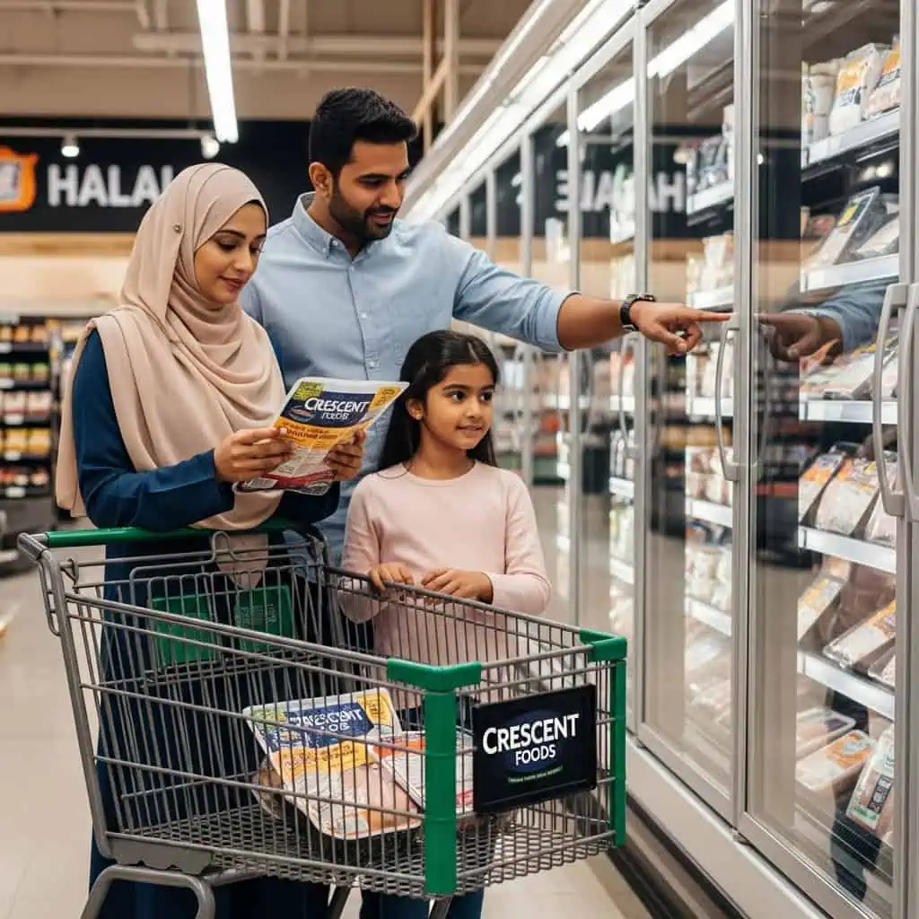 Muslim family shopping for best halal chicken brands USA in grocery store checking certification labels