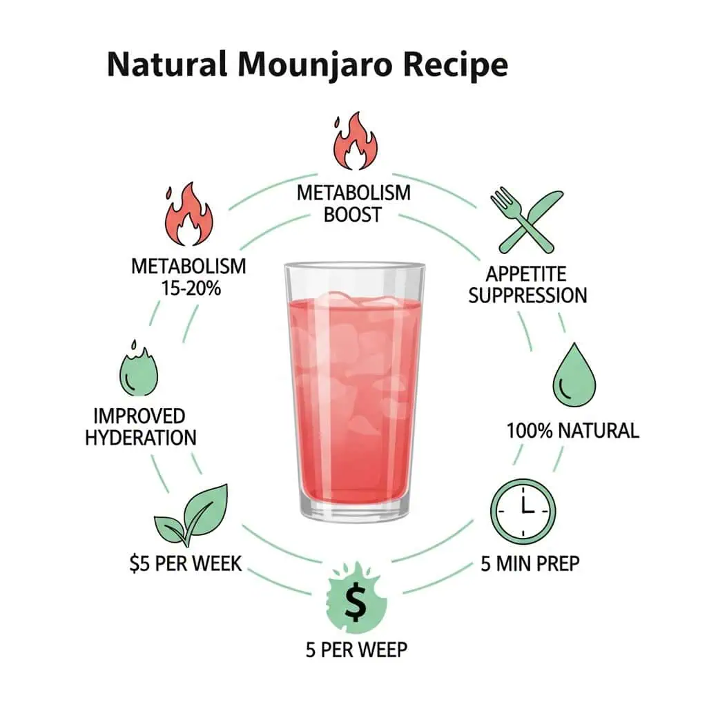 Natural Mounjaro recipe benefits infographic showing metabolism boost, appetite control, hydration and cost savings
