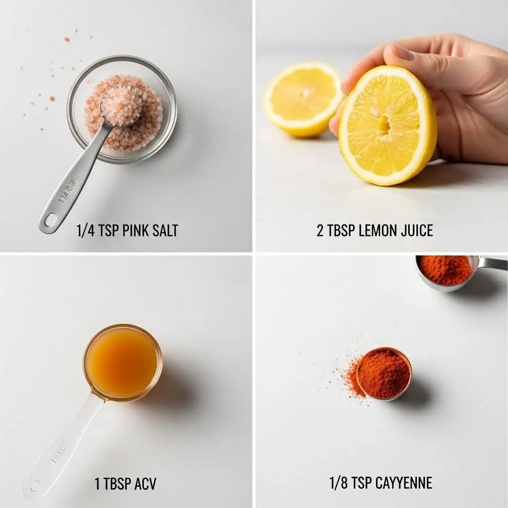 Natural Mounjaro recipe ingredients with exact measurements: pink salt, lemon juice, apple cider vinegar, cayenne pepper