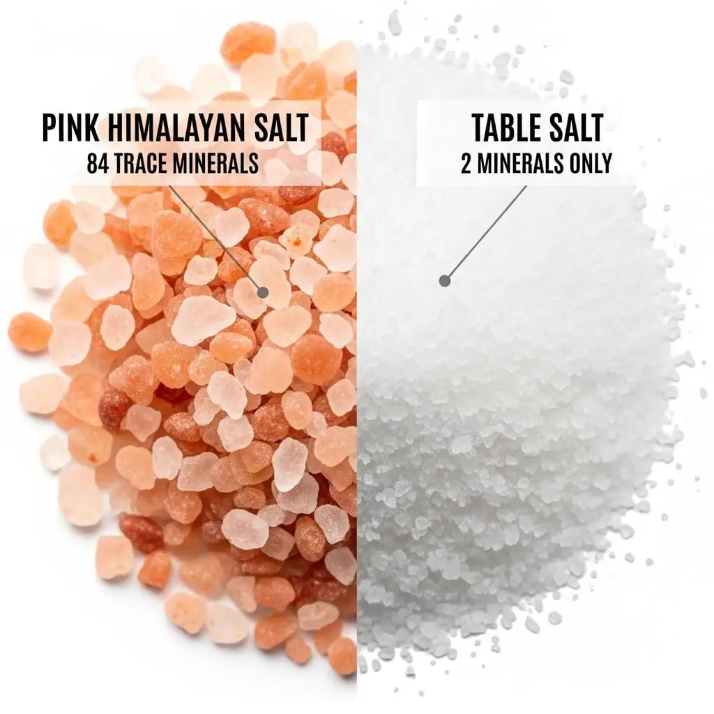 Pink Himalayan salt versus table salt comparison showing 84 minerals versus 2 minerals