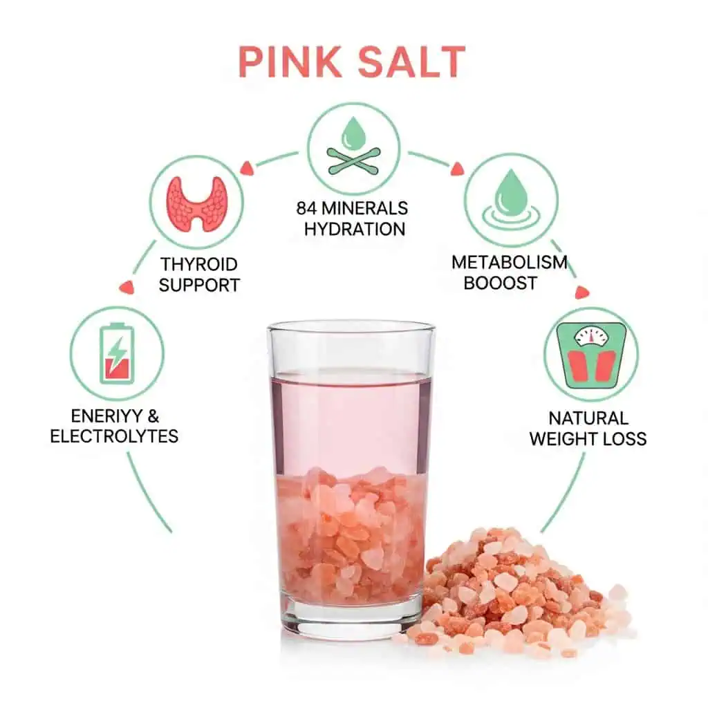 Pink Himalayan salt benefits for weight loss showing thyroid support, hydration, metabolism boost and electrolyte balance