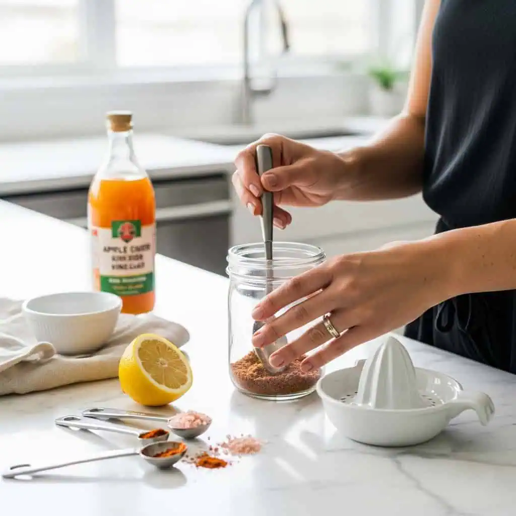 Hands preparing Emily Martinez natural Mounjaro recipe showing mixing ingredients in glass jar
