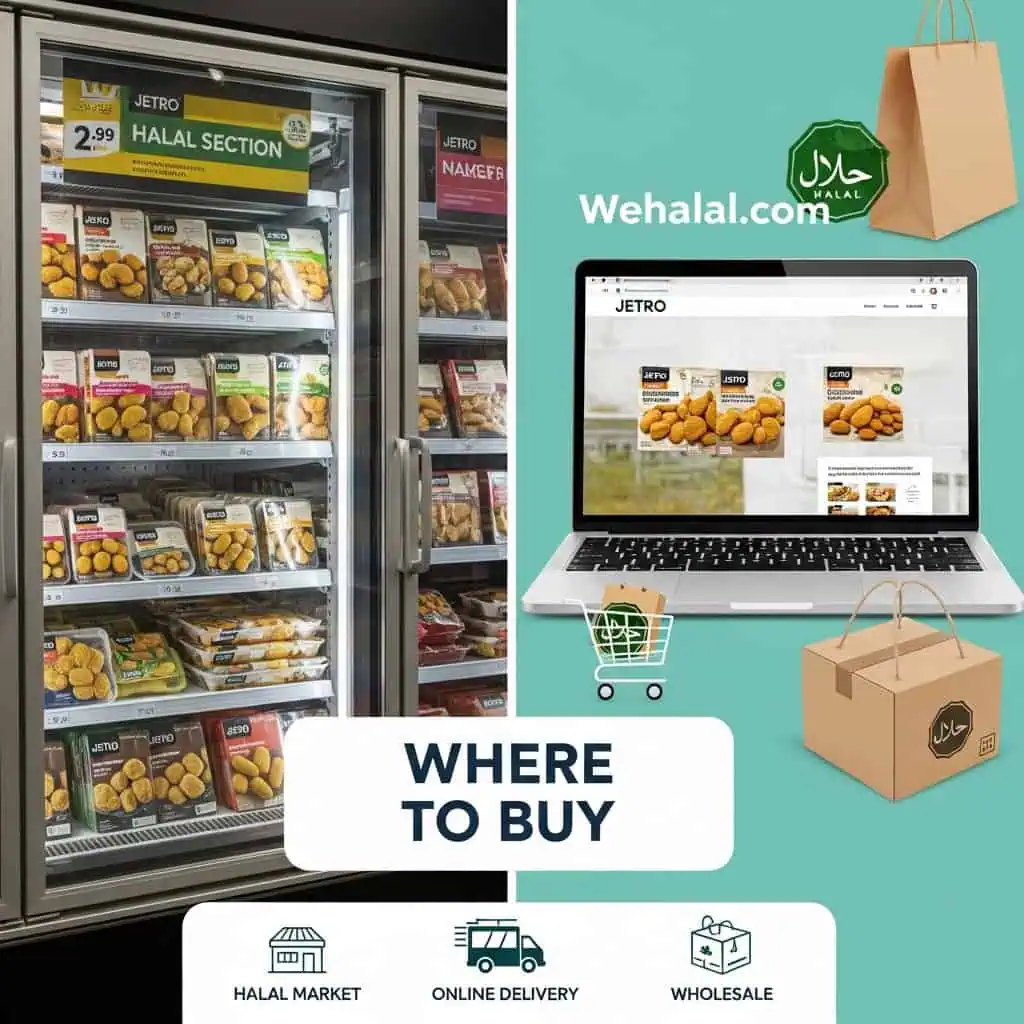 Where to buy Jetro halal chicken nuggets showing halal market freezer section and online shopping at Wehalal.com