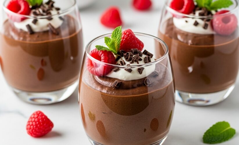 Greek yogurt chocolate mousse in clear glass cups with raspberries and whipped cream on marble surface